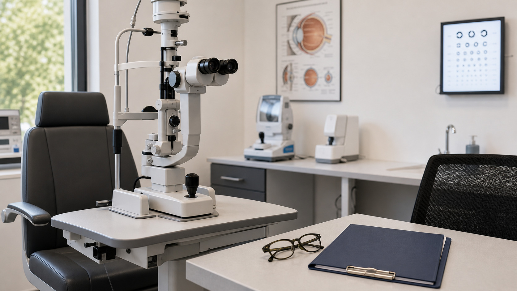 Cabinet d'ophtalmologie avec lampe à fente, dossier médical et lunettes