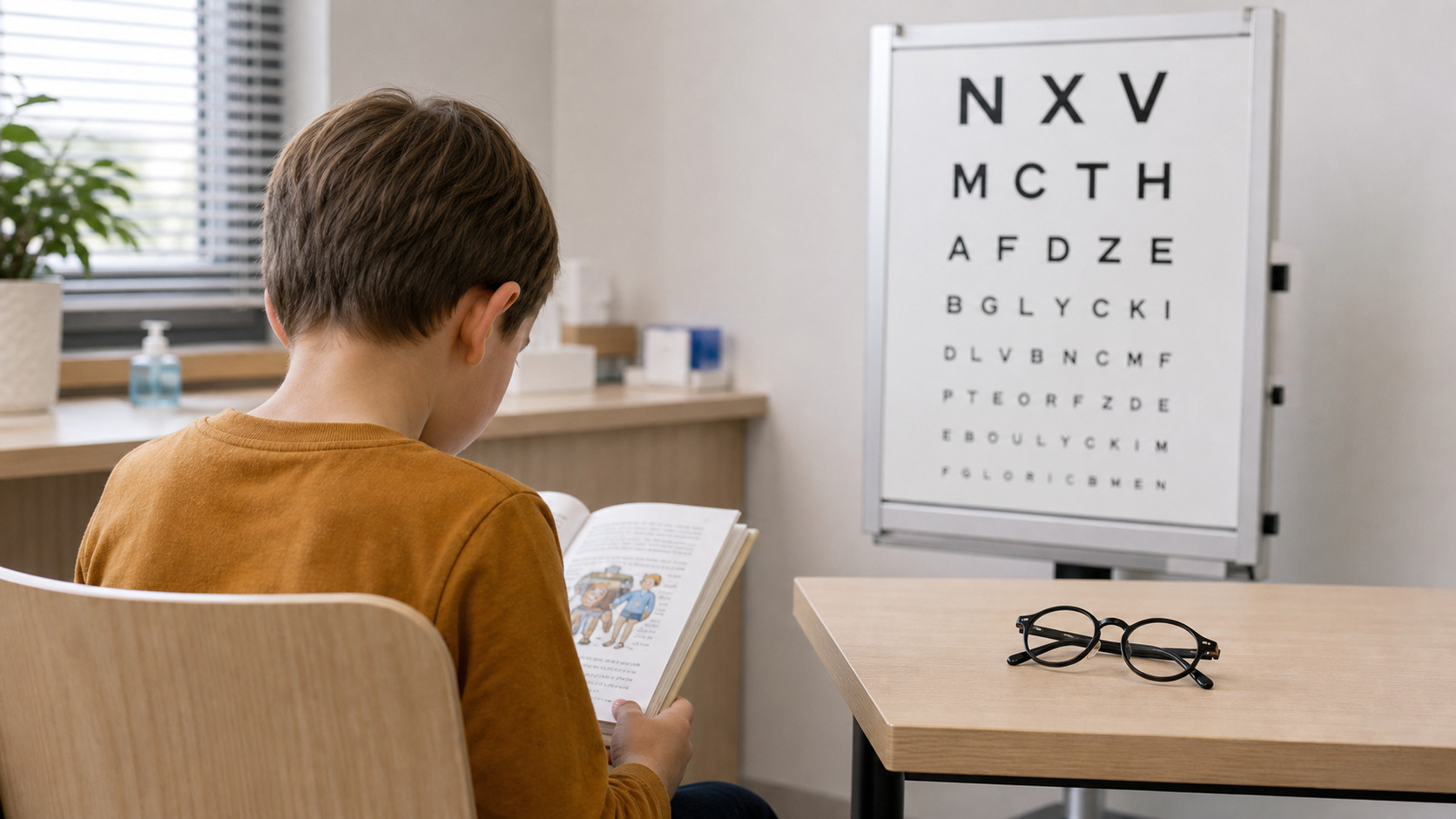 Enfant lisant près d'un tableau de dépistage visuel avec lunettes posées